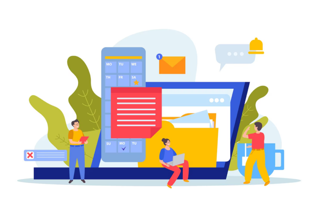 event planning flat composition with doodle human characters laptop documents calendar app message notification signs vector illustration 98292 8680