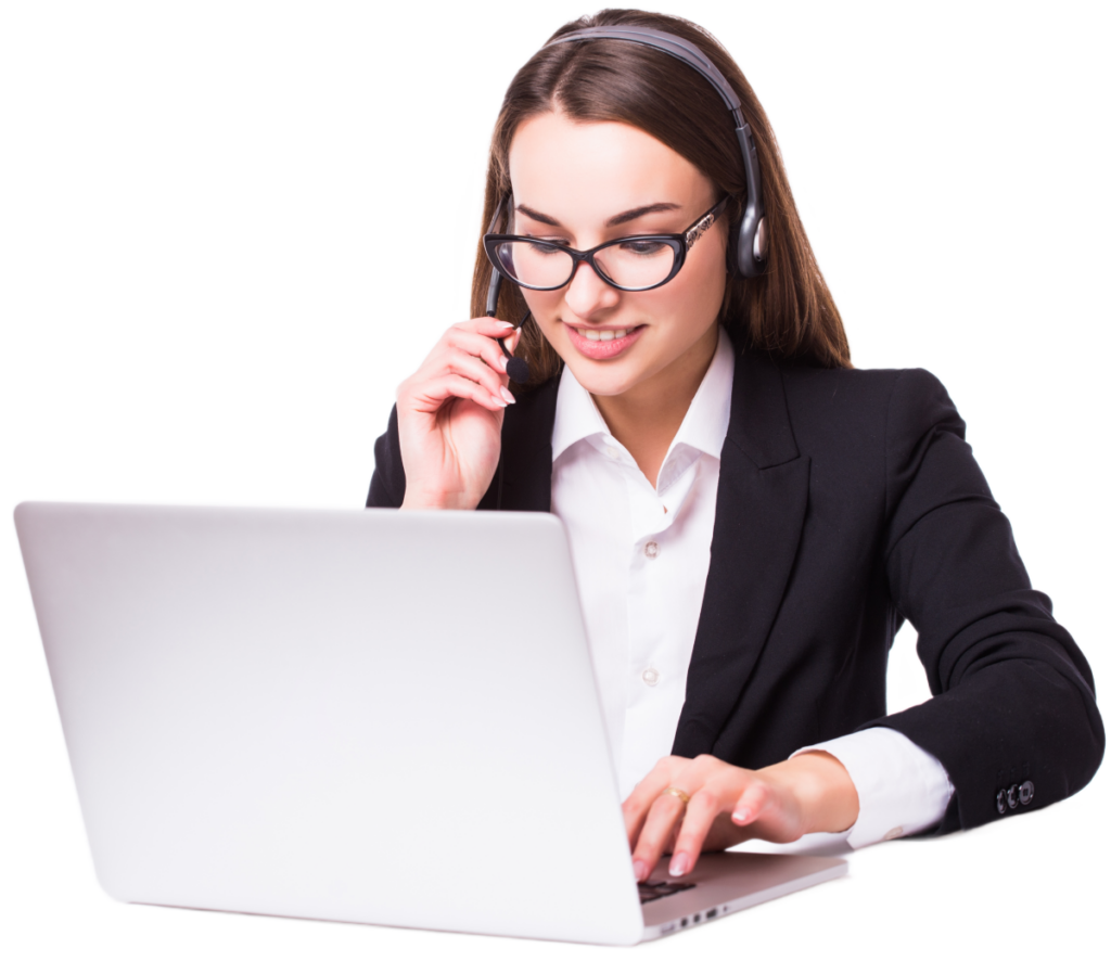 smiling young customer service girl with headset her workplace isolated white